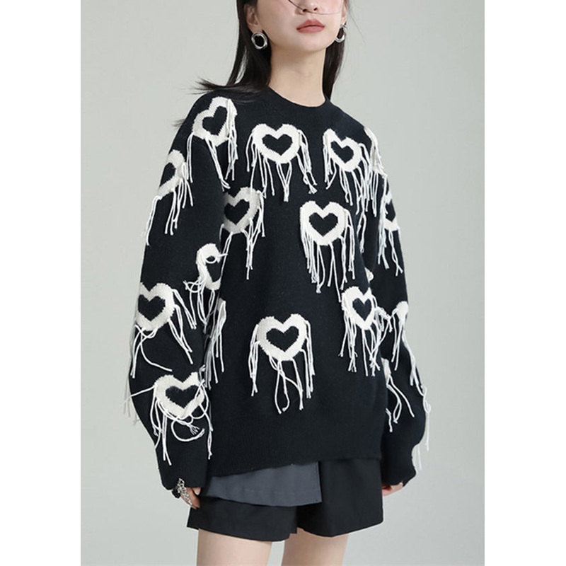 Stylish Black Heart Tasseled Thick Patchwork Knit Sweaters Tops Fall