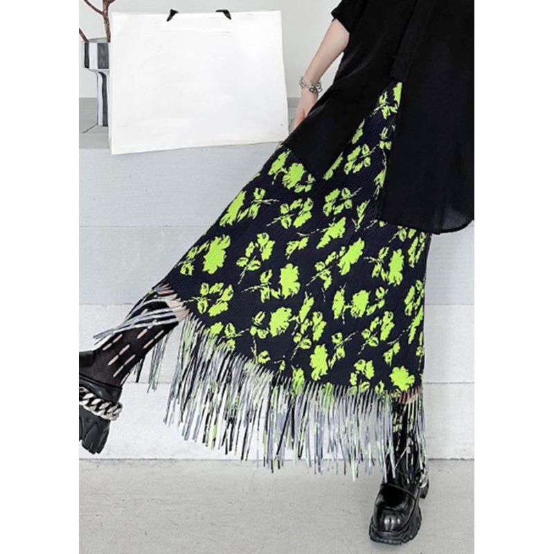Stylish Green Print Tasseled Patchwork Cotton Maxi Skirts Summer
