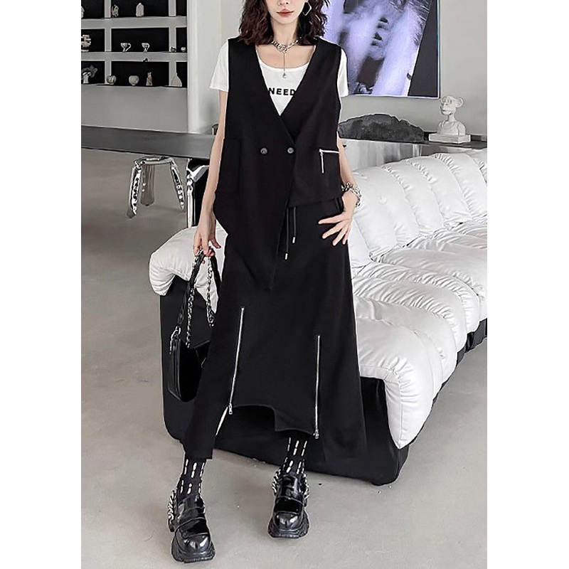 Unique Black Asymmetrical Patchwork Waistcoat And Skirts Cotton Two Pieces Set Sleeveless