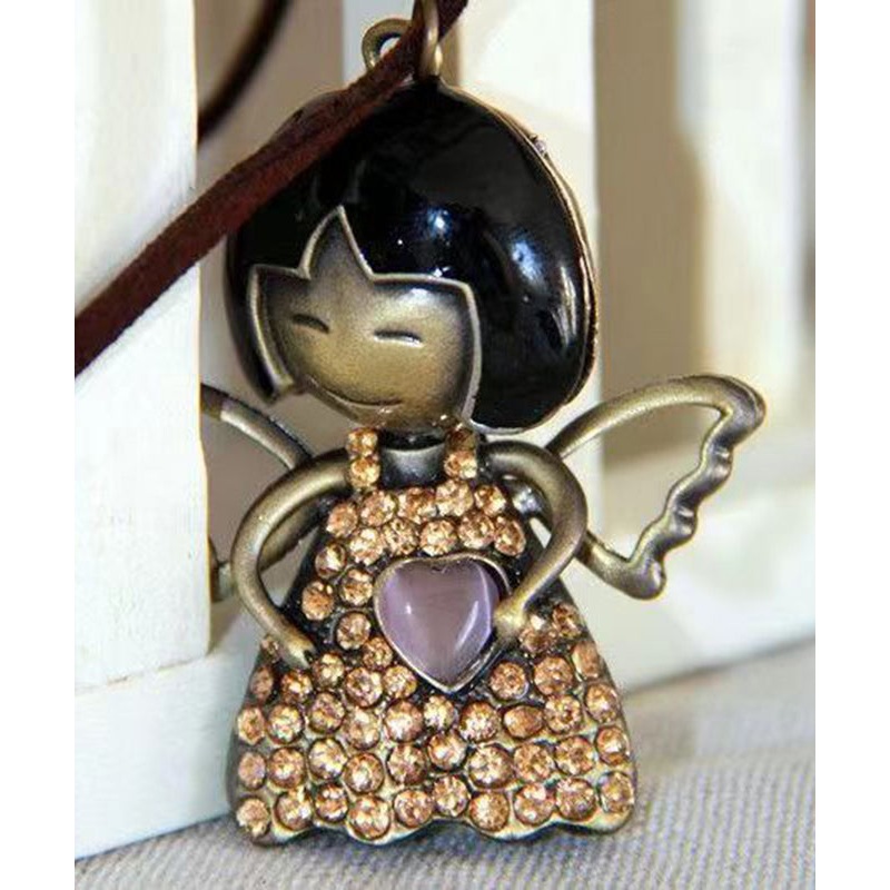 Unique Black Cotton 45% Linen 55% Love Angel Girl Pendant Necklace