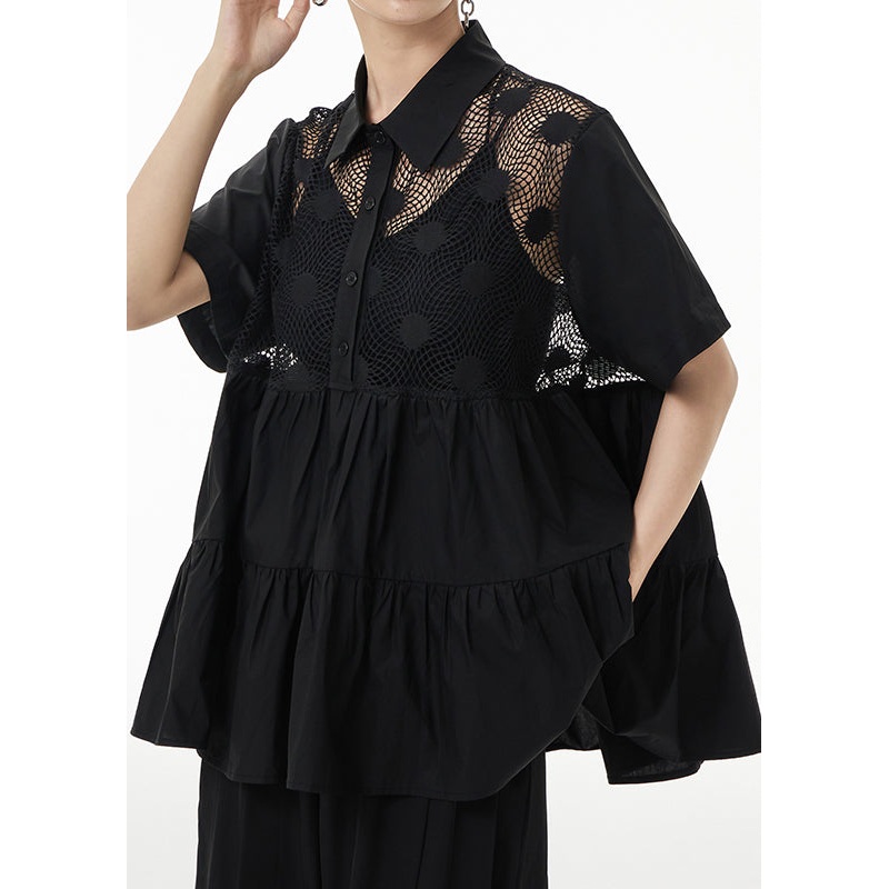 Unique Black Hollow Out Wrinkled Patchwork Cotton Blouses Summer