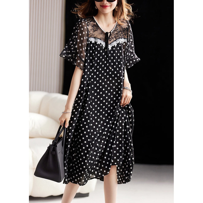 Unique Black Lace Up Print Lace Patchwork Chiffon Dress Summer