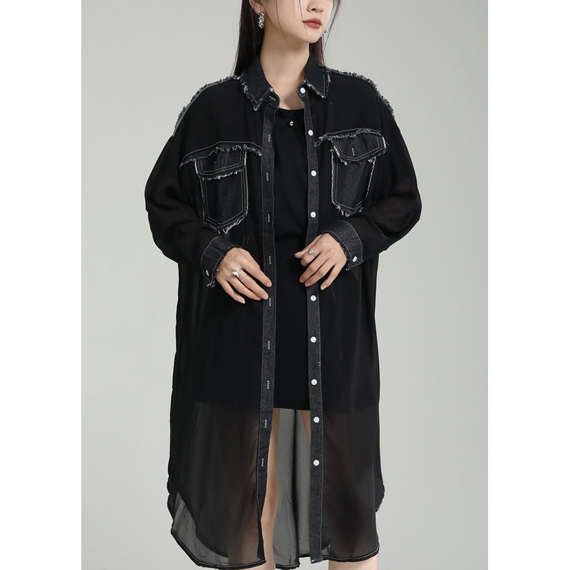 Unique Black Peter Pan Collar Pockets Patchwork Chiffon UPF 50+ Coats Summer