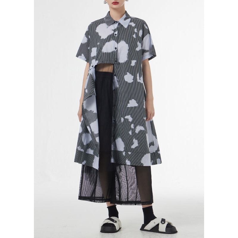 Unique Black Striped Print Patchwork Cotton Long Shirts Summer