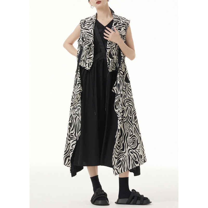 Unique Zebra Pattern Asymmetrical Lace Up Patchwork Silk Long Waistcoat Sleeveless
