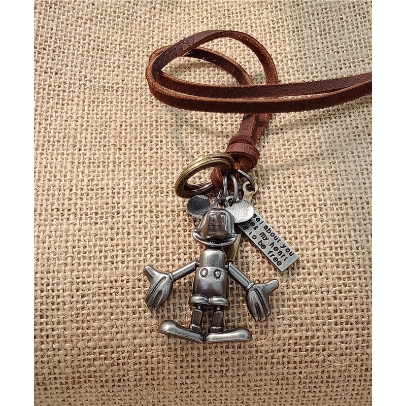 Vintage Grey Faux Leather Robot Pendant Necklace