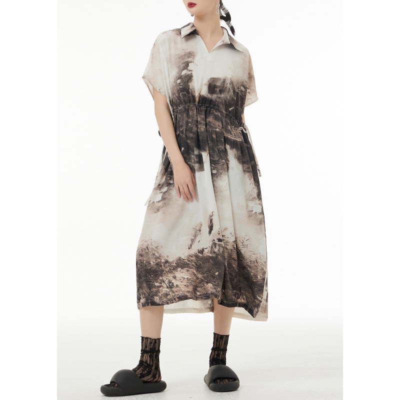 Vintage Peter Pan Collar Tie DyeTie Waist Patchwork Silk Long Dresses Summer