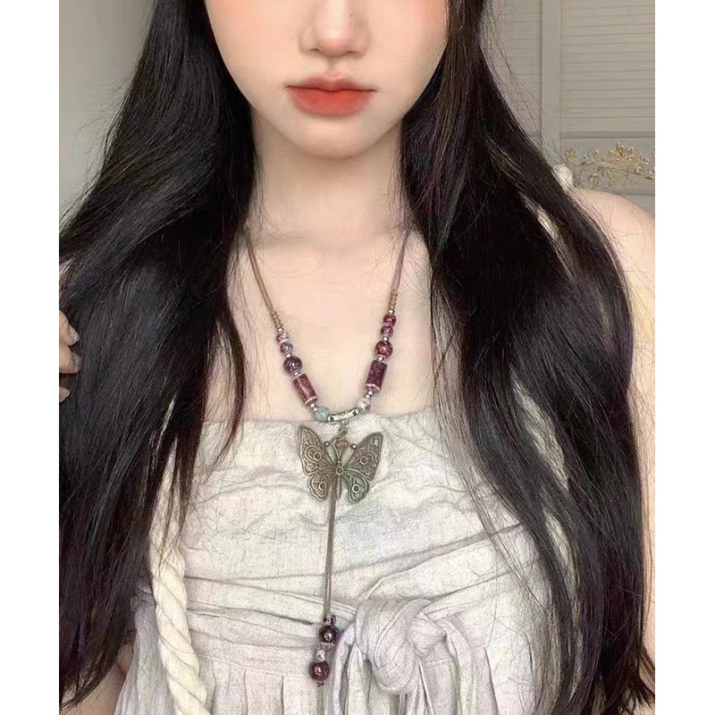 Vintage Red Alloy Gem Stone Butterfly Hollow Out Pendant Necklace