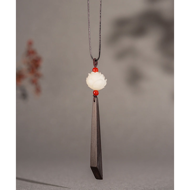 Vintage White Lotus Agate Ebony Jade Pendant Necklace