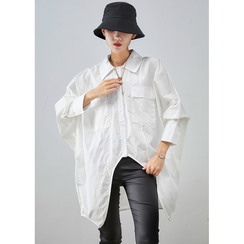White Oversized Cotton Blouse Top Asymmetrical Fall