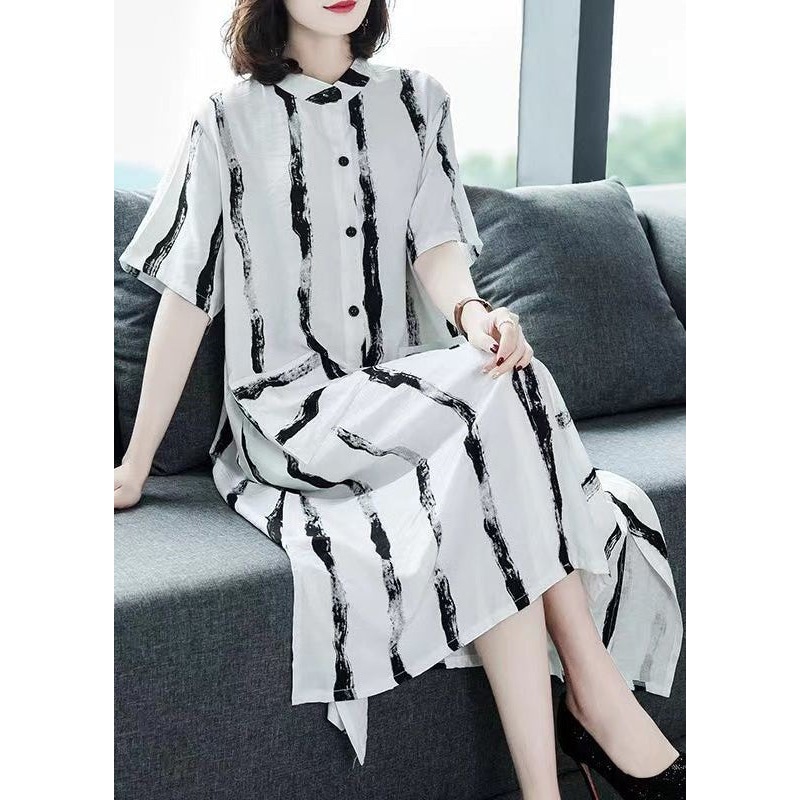 White Pockets Patchwork Cotton Shirts Dresses O Neck Short Sleeve