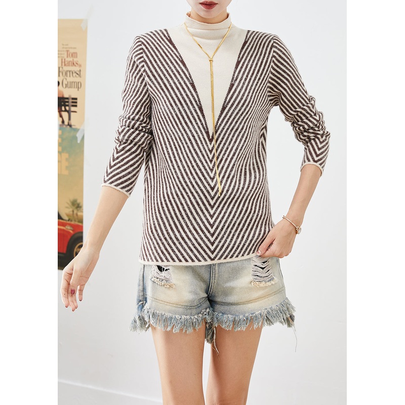 Women Beige Turtle Neck Striped Silm Fit Knit Sweater Winter