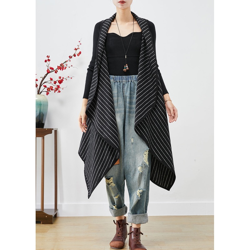 Women Black Asymmetrical Striped Cotton Long Vest Fall