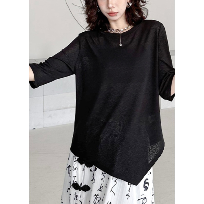 Women Black O-Neck Asymmetrical Patchwork Cotton T Shirt Half Sleeve