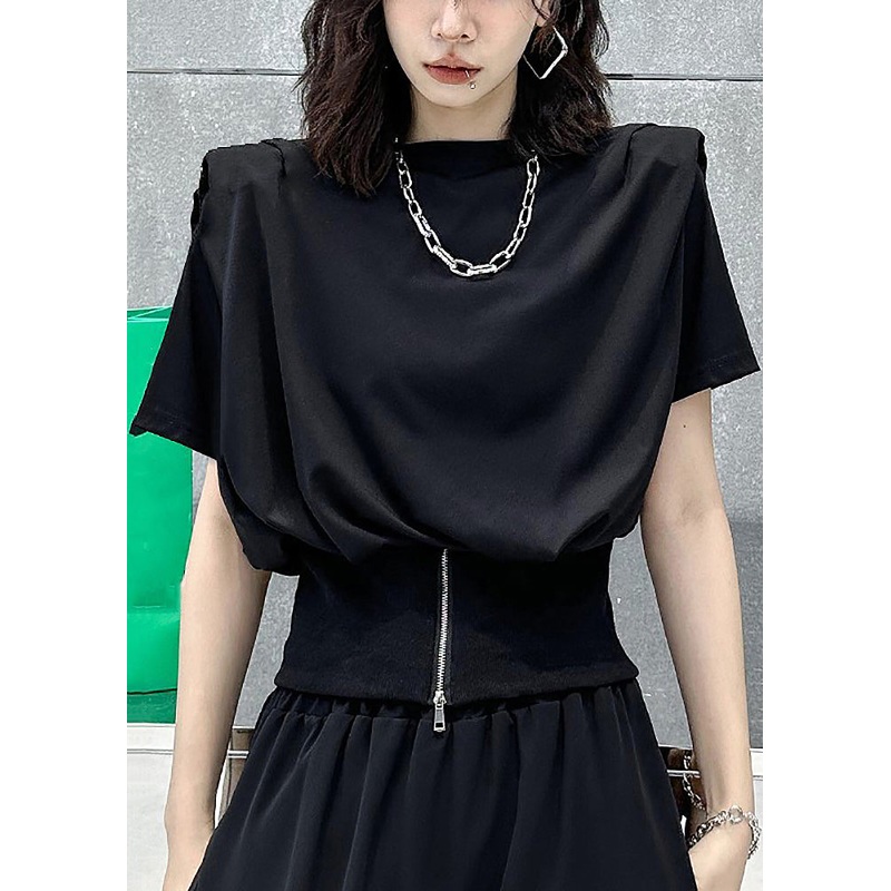 Women Black O-Neck Zip Up Patchwork Cotton T Shirt Top Summer