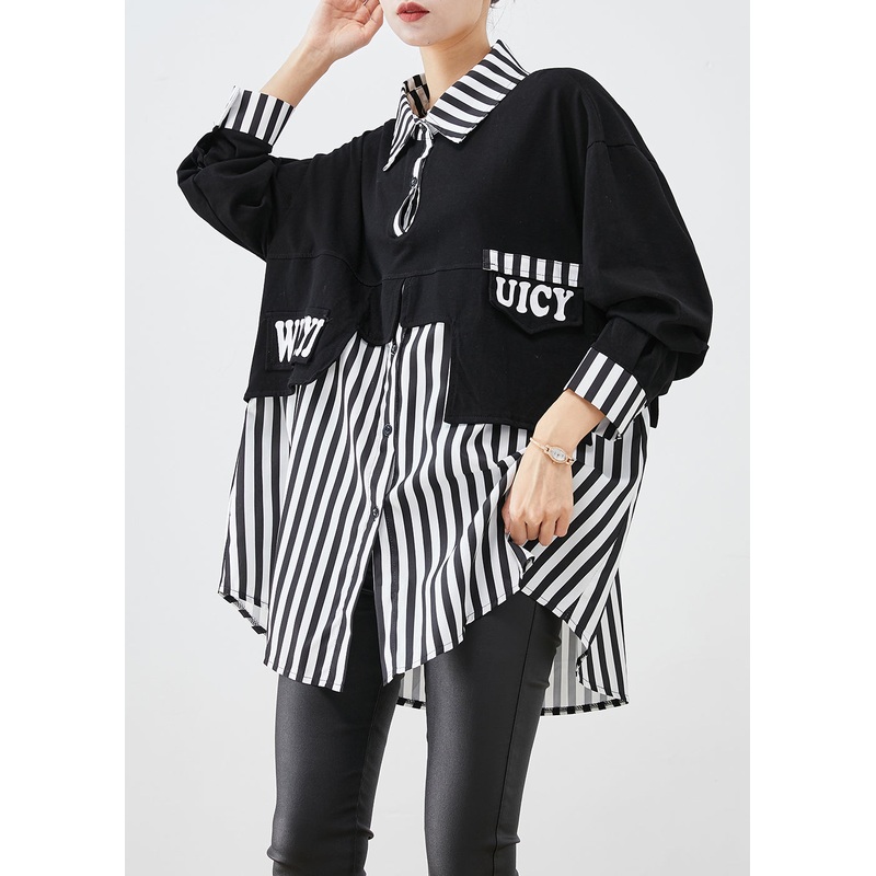Women Black Oversized Patchwork Striped Cotton Sweatshirts Top Fall