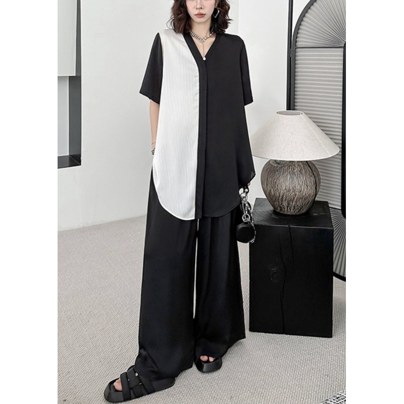 Women Black V Neck Asymmetrical Patchwork Cotton Two-Piece Set Summer