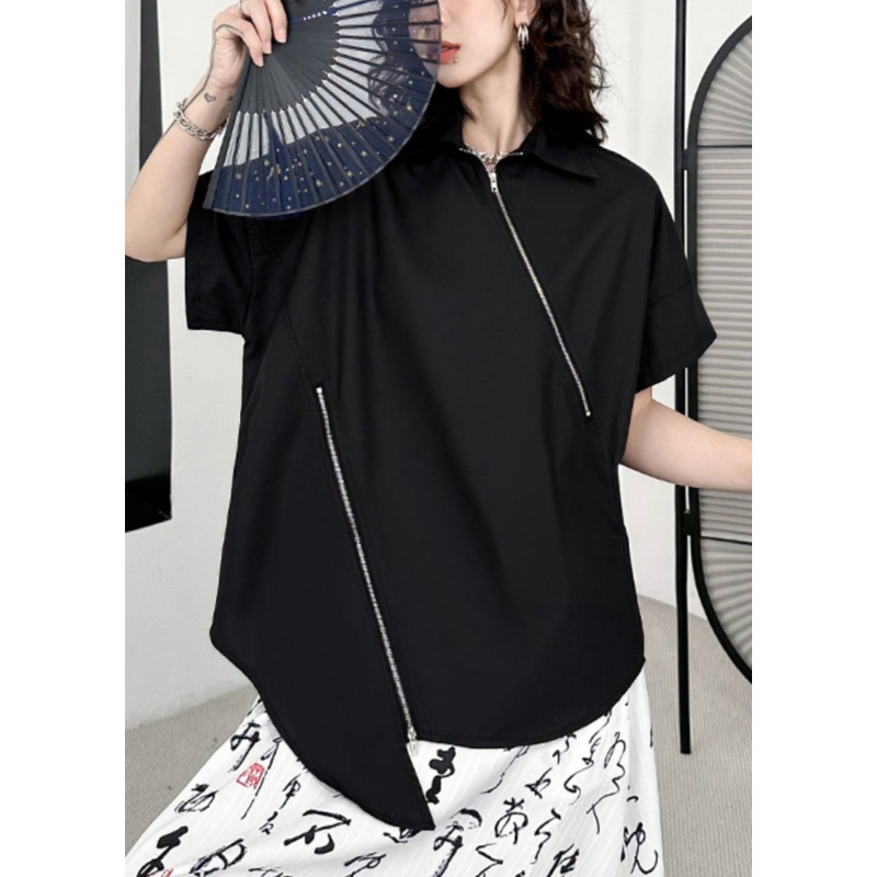 Women Black Zippered Asymmetrical Patchwork Cotton Blouses Short Sleeve