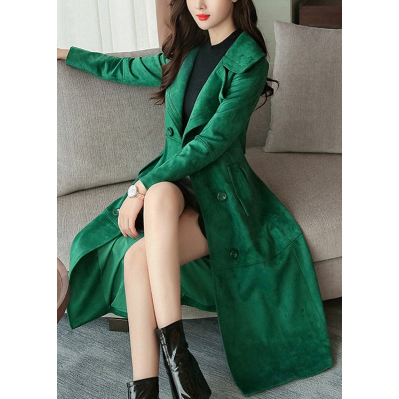 Women Blackish Green Double Breast Pockets Patchwork Faux Suede Long Coat Fall