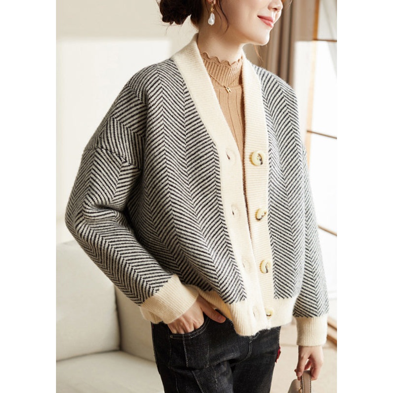 Women Striped V Neck Button Patchwork Knit Coats Fall