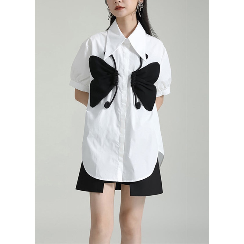 Women White Peter Pan Collar Butterfly Patchwork Cotton Shirts Top Summer