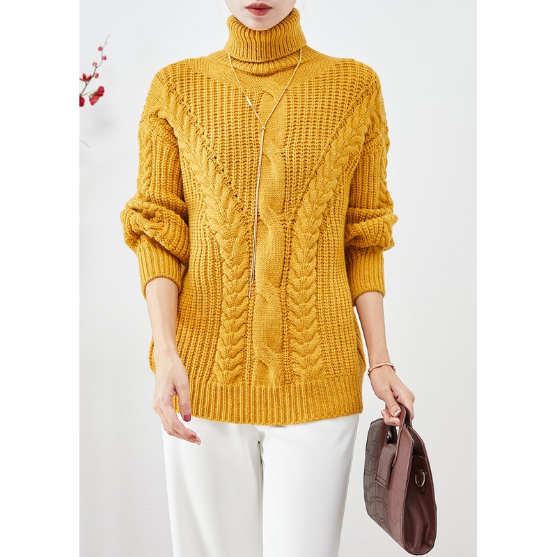 Women Yellow Turtle Neck Thick Cable Knit Short Sweater Fall