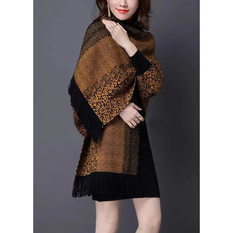 Yellow Tasseled Print Patchwork Knit Cardigan V Neck Long Sleeve