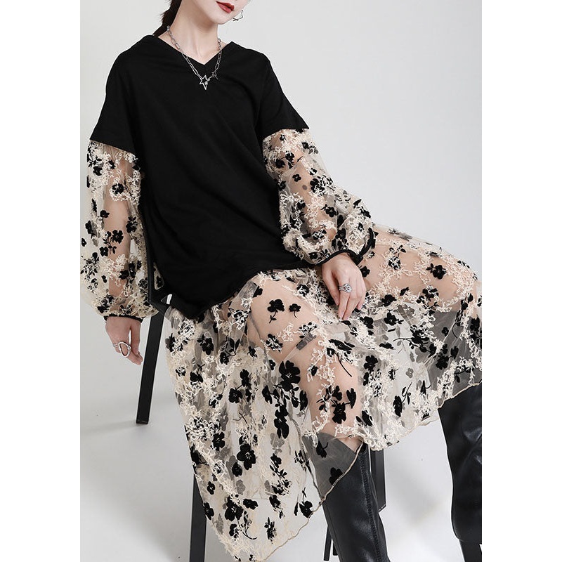 Art Black V Neck Patchwork Pockets Print Fall Vacation Dresses Long sleeve