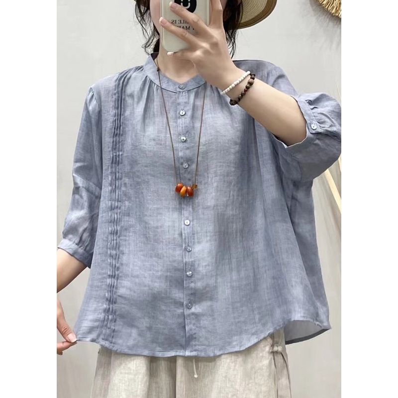 Art Blue Stand Collar Button Patchwork Linen Shirt Tops Half Sleeve