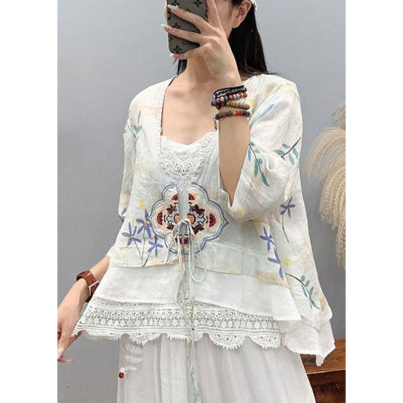 Art Light Blue Embroidered Patchwork Linen Shirt Top Short Sleeve