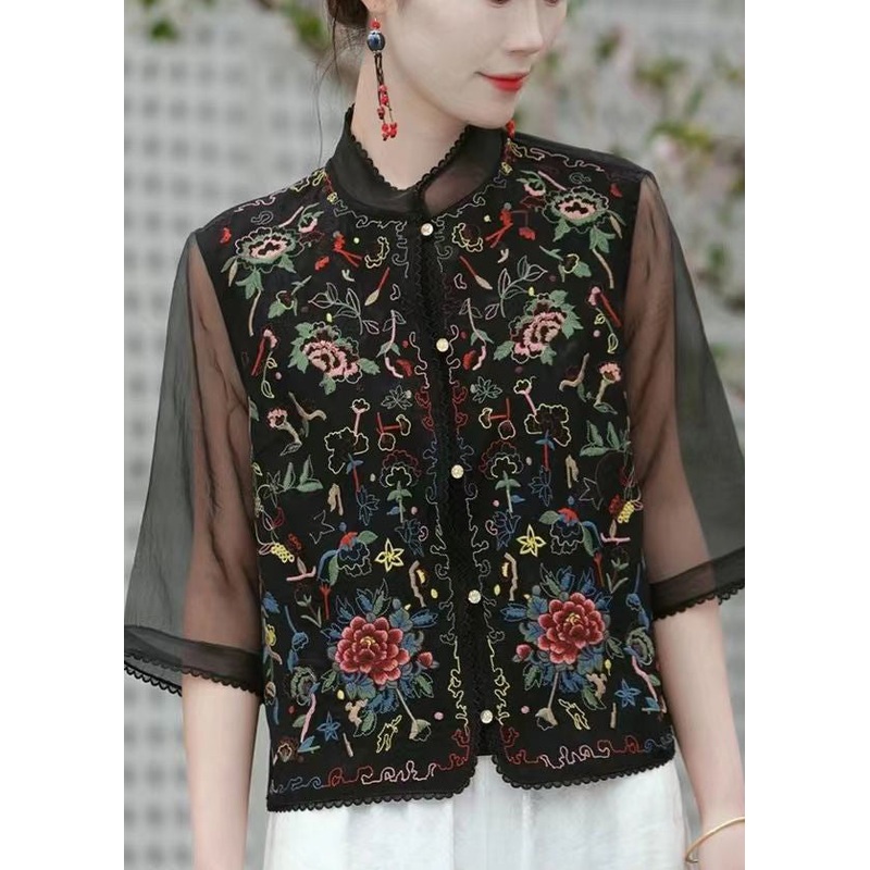 Beautiful Black Embroidered Patchwork Linen Silk Top Half Sleeve