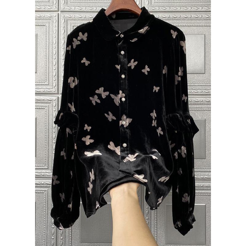 Beautiful Black Peter Pan Collar Print Button Velour Tops Fall
