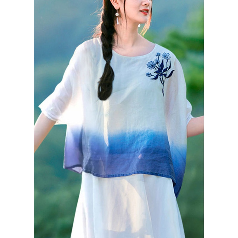 Beautiful Gradient Color O Neck Embroideried Linen T Shirt Summer