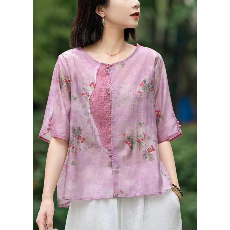Beautiful Pink Print Patchwork Linen Shirts Short Sleeve