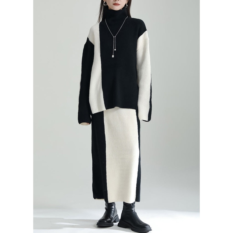 Black Patchwork Loose Knit Two Piece Suit Set Hign Neck Winter