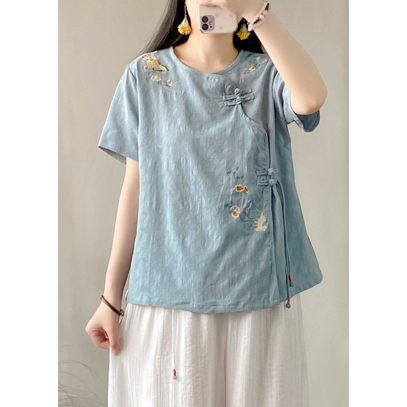Blue Embroideried Button Patchwork Linen Top O-Neck Short Sleeve