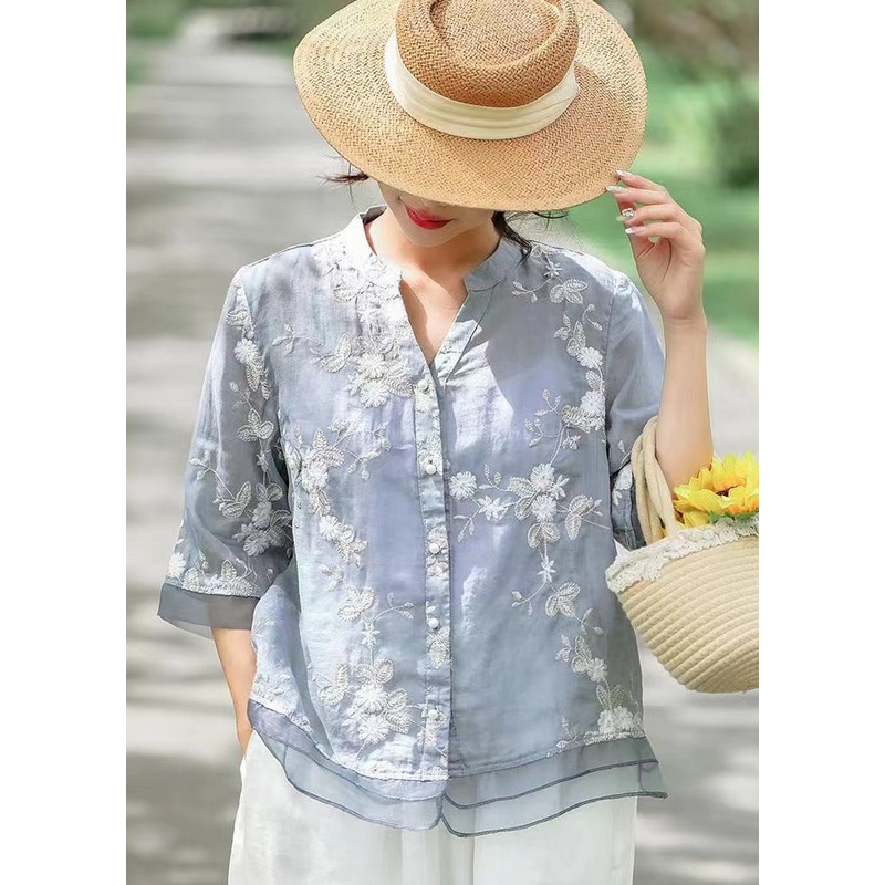 Blue Patchwork Linen Blouse Tops Embroideried V Neck Summer