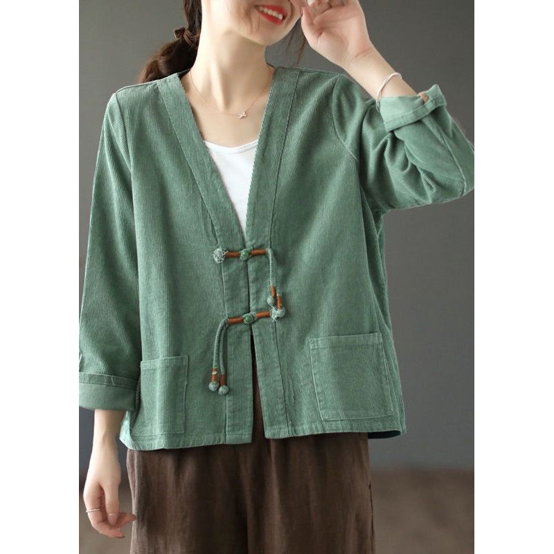 Bohemian Green Tasseled Pockets Patchwork Corduroy Coat Fall