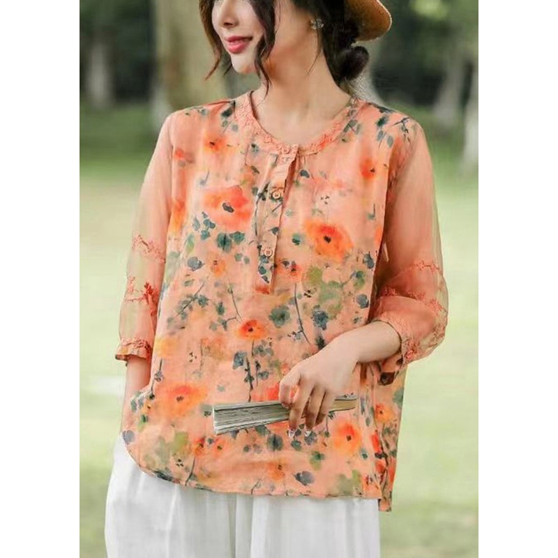Bohemian Orange Embroideried Print Linen Shirt Top Summer