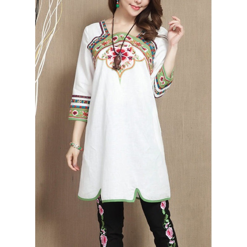 Bohemian White Embroideried Pockets Patchwork Linen Top Bracelet Sleeve