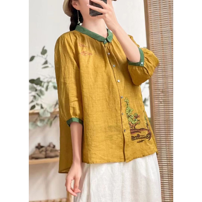 Bohemian Yellow Embroideried Patchwork Linen Shirt Tops Summer