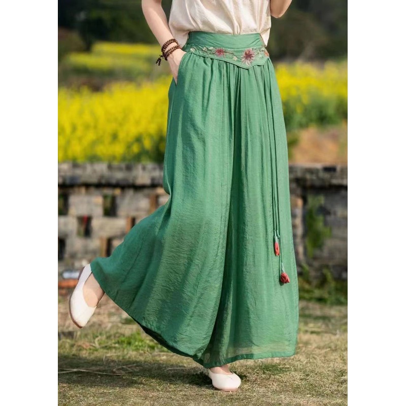 Boho Green Embroideried Pockets Tasseled Patchwork Silk Wide Leg Pants Summer