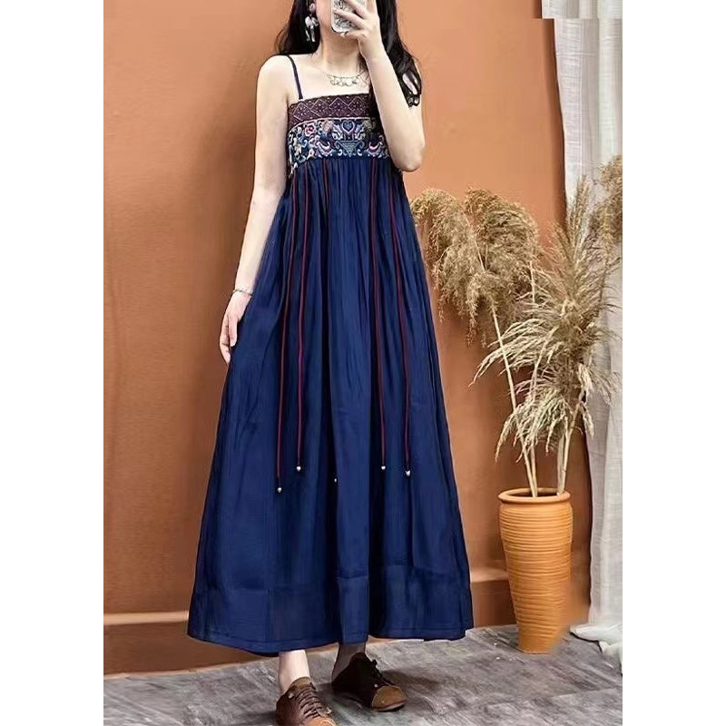 Boho Navy Embroideried Patchwork Linen Spaghetti Strap Dress Sleeveless