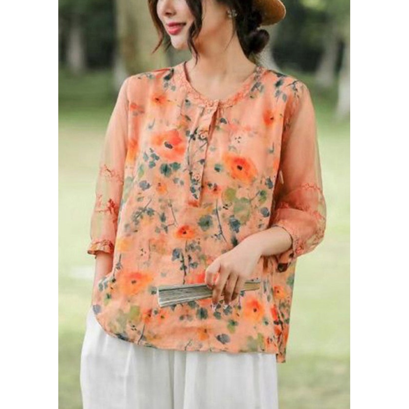 Boho Orange Embroideried Patchwork Print Linen Shirt Top Half Sleeve