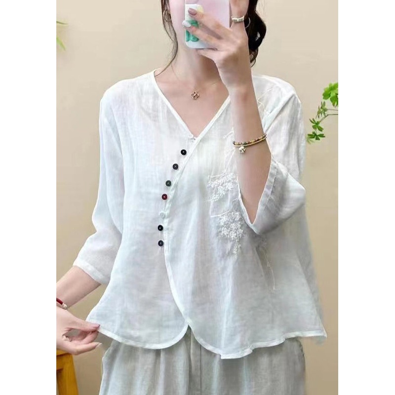 Boho White Embroideried Linen Blouse Top Half Sleeve