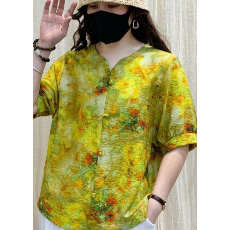 Boho Yellow Print Wrinkled Linen Shirt Top Short Sleeve