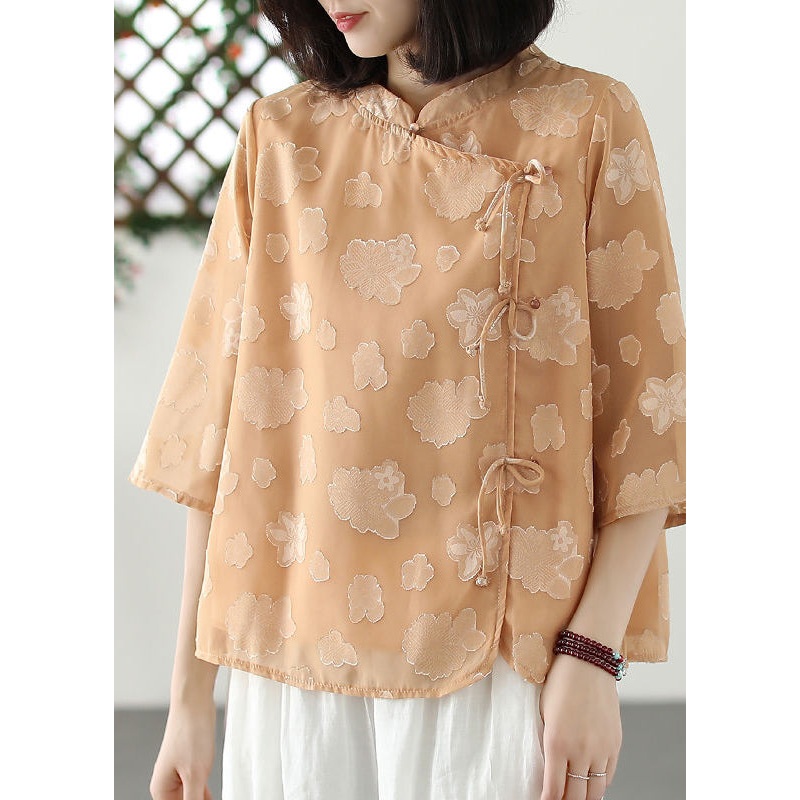 Boutique Khaki Stand Collar Jacquard Tulle Shirt Summer