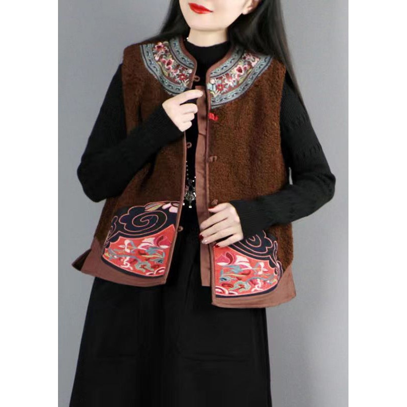 Brown Button Patchwork Teddy Faux Fur Waistcoat O Neck Sleeveless