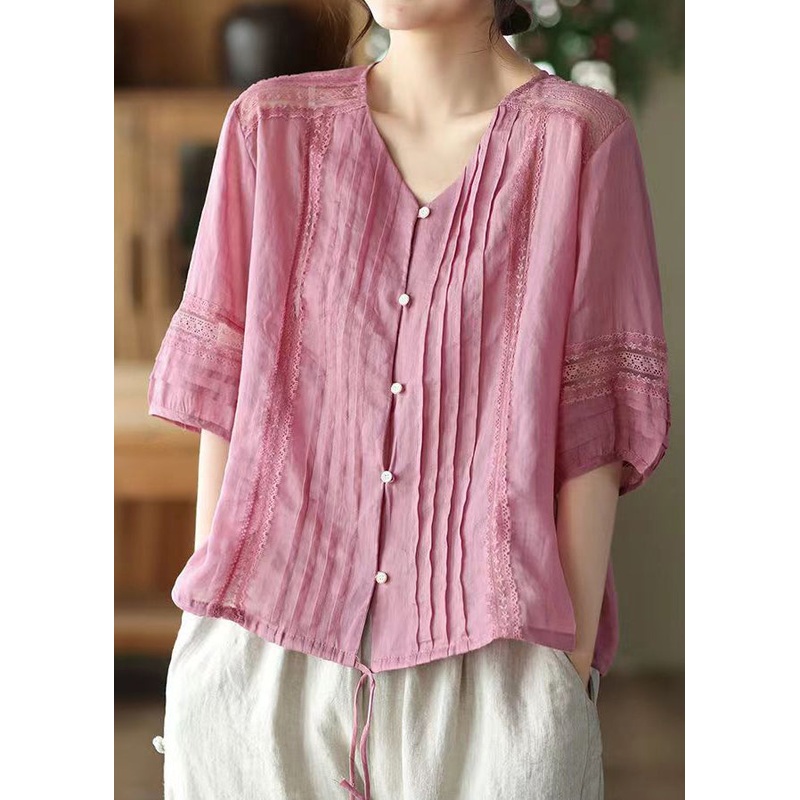 Casual Rose V Neck Wrinkled Patchwork Linen Shirt Top Summer