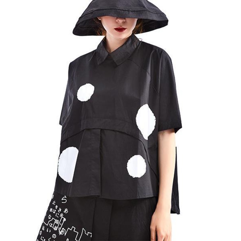 Chic Black Dot Short Sleeve Cotton Shirts